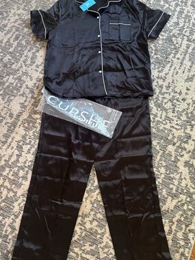 CupShe Silky Black Women's Pajama Set with White Piping